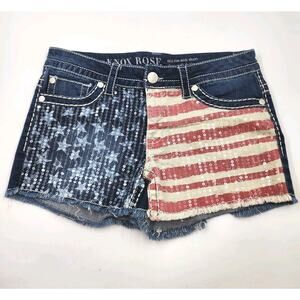 Knox Rose USA American Flag Shorts Sequin Denim Midi Frayed Hem USA Sz 10/30